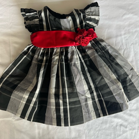 Cherokee Black and White Striped Dress with Red Floral Accent - Picture 1 of 7